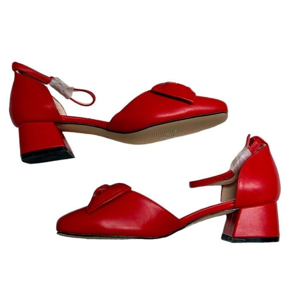 Coutgo Red Small Heels Block Heel Bow on Top Formal Cute Dress Shoes Size 6 - Picture 6 of 9